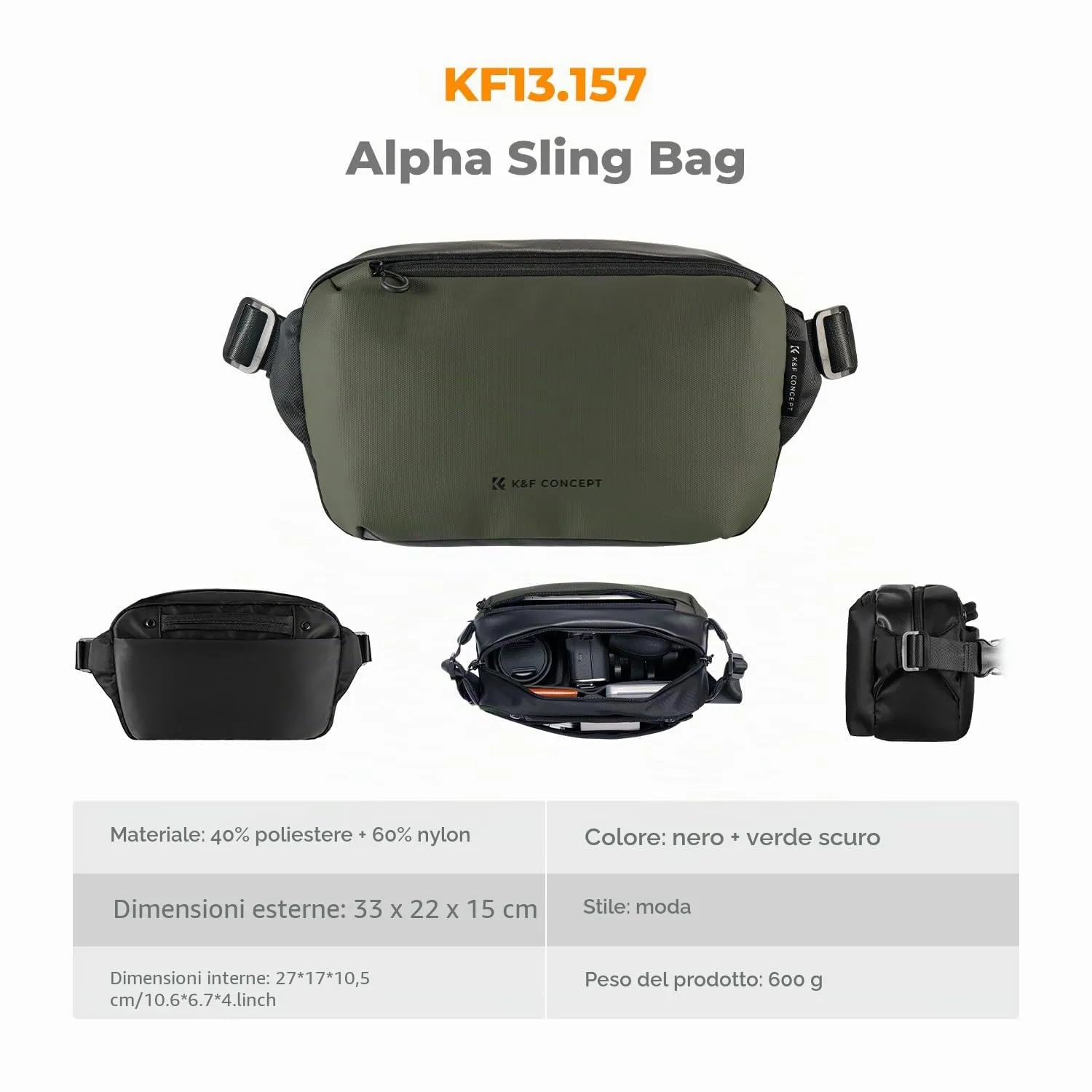 K&F Concept Borsa Tracolla Fotocamera M Verde Nero Impermeabile