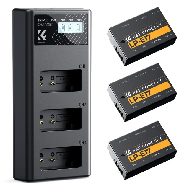 K&F Concept LP-E17 Kit 3 Batterie + Caricatore LCD Canon