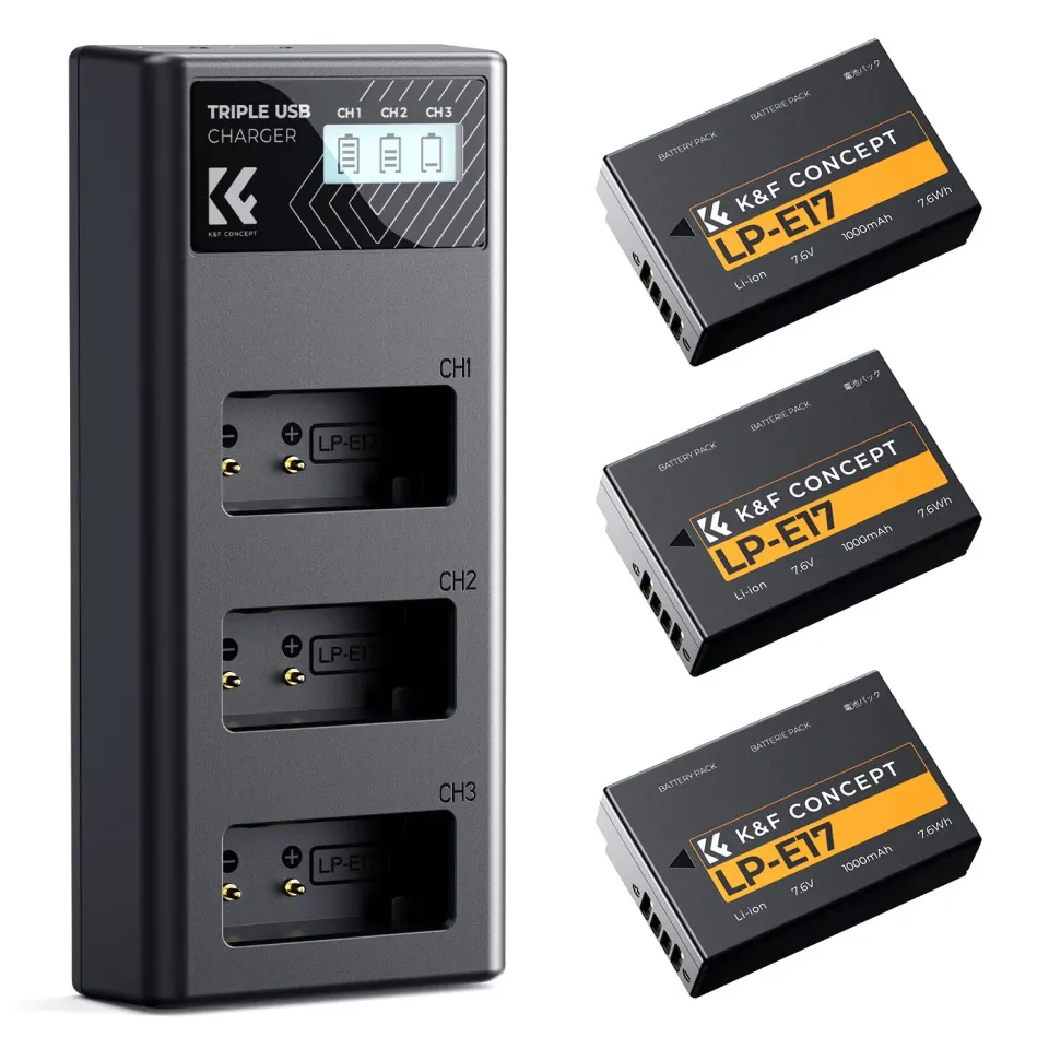 K&F Concept LP-E17 Kit 3 Batterie + Caricatore LCD Canon