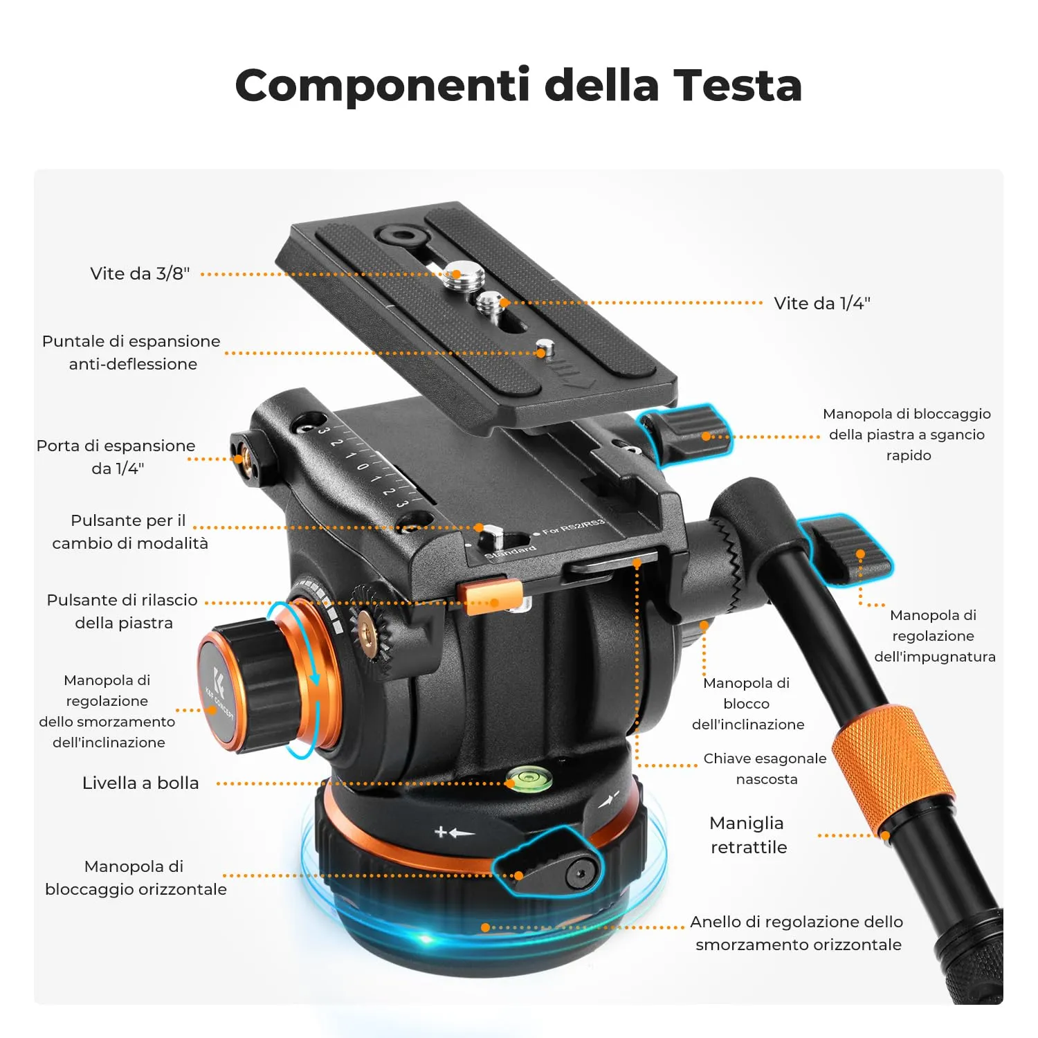 K&F Concept treppiede video 191cm 10kg testa fluida