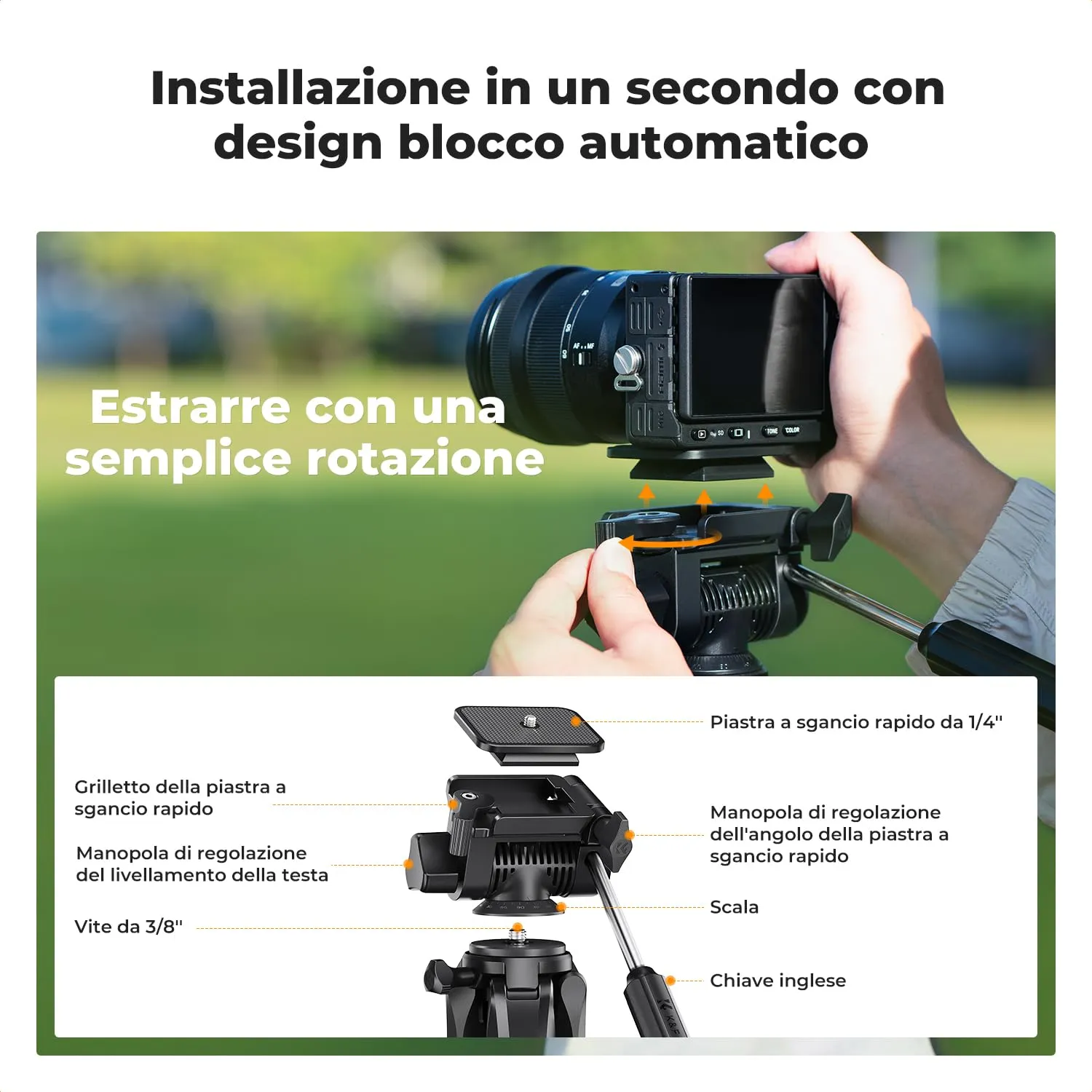 K&F Concept Treppiede Fotocamera 190 cm Nero 4 kg Alluminio