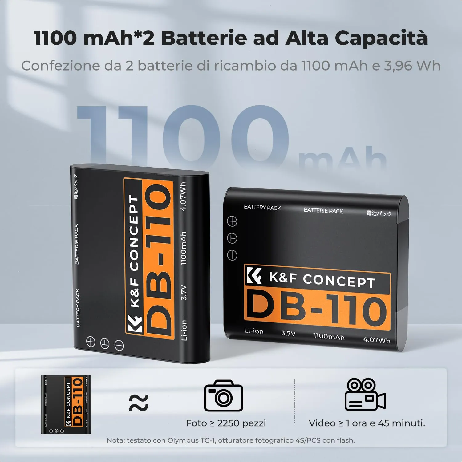 K&F Concept 2 batterie DB-110 1100mAh con caricatore LCD