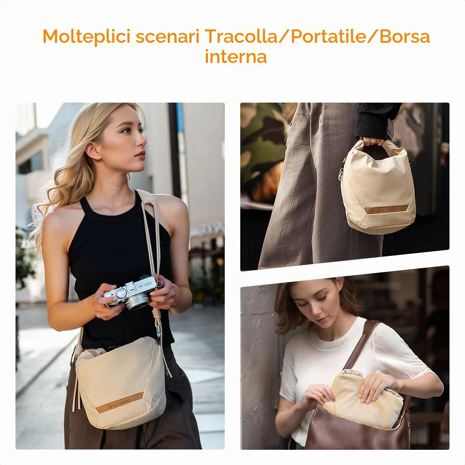 K&F Concept Borsa Foto Tracolla 2in1 Beige 32cm Pelle
