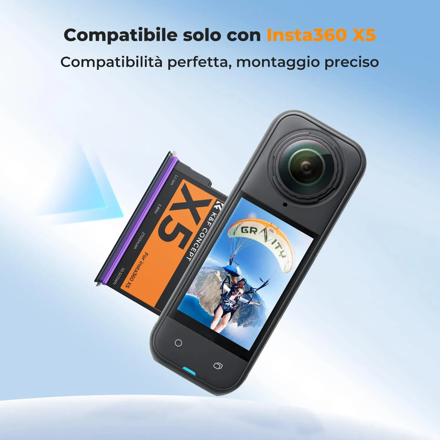 K&F Concept kit 2 batterie + caricabatterie Insta360 X5 2700mAh