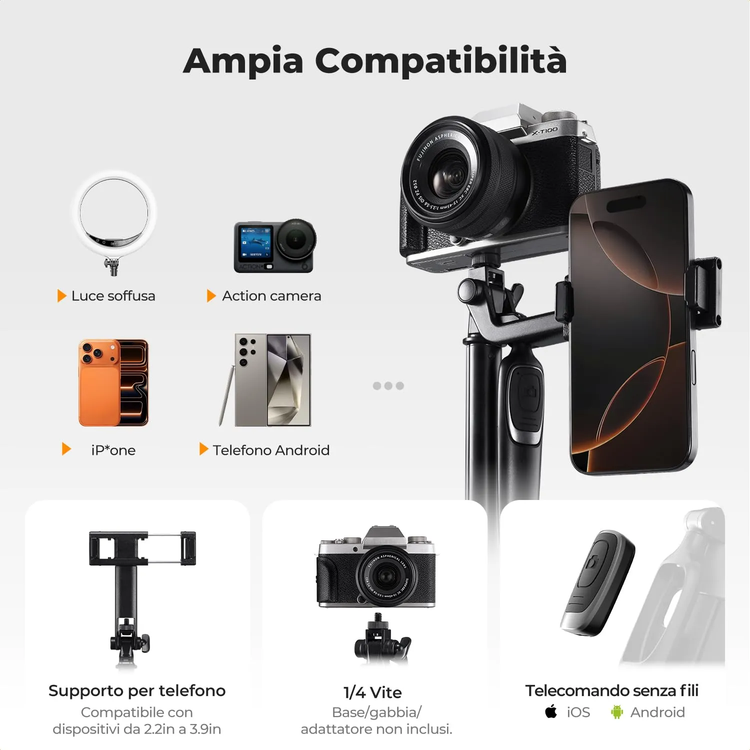 K&F Concept 177cm treppiede cellulare selfie stick bluetooth