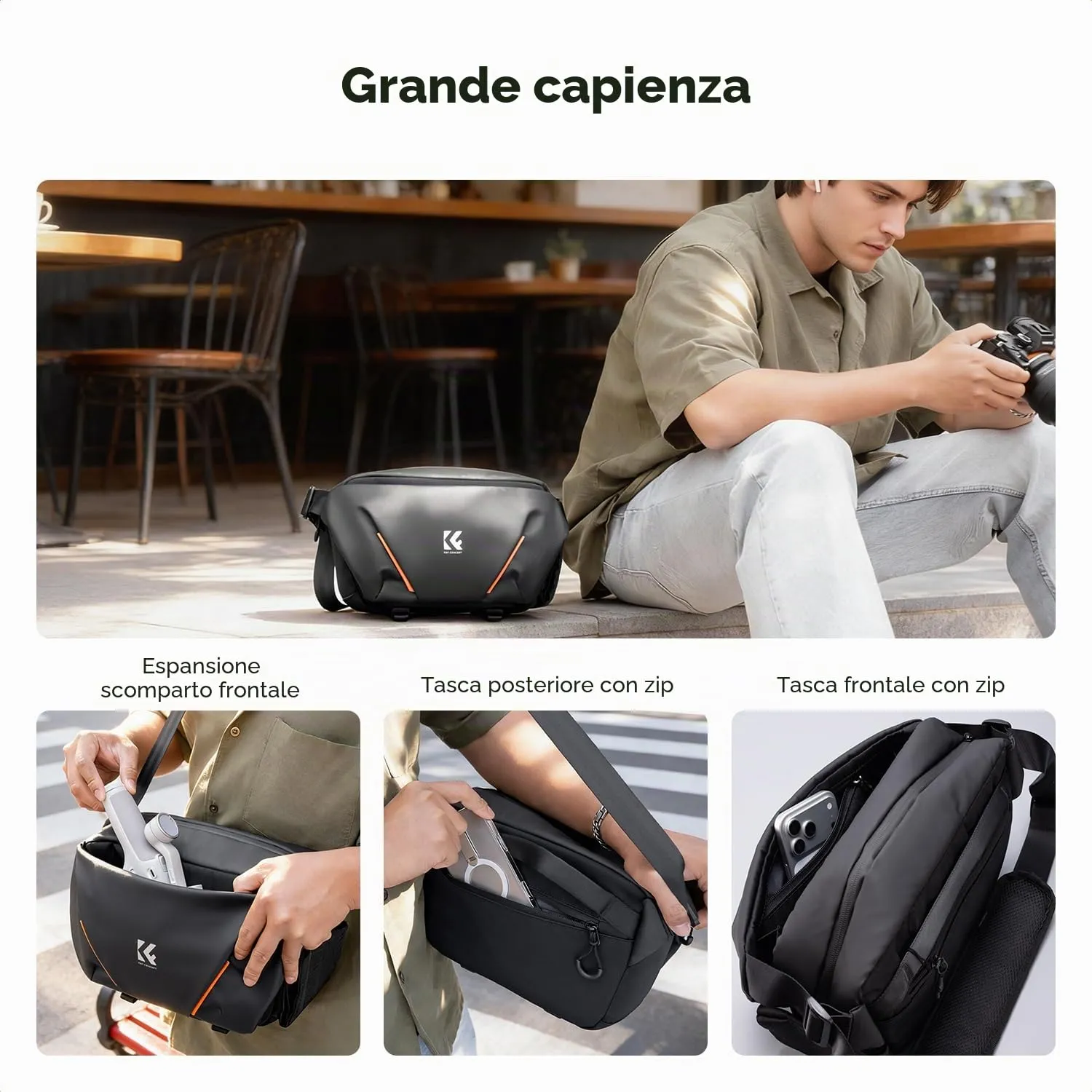 K&F Concept borsa tracolla fotocamera 6L nera divisori