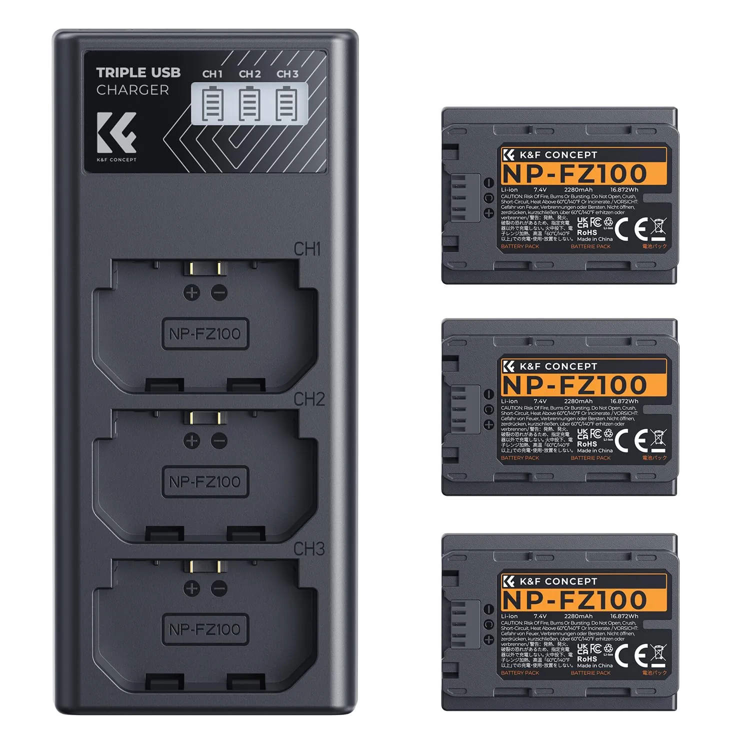 K&F Concept NP-FZ100 Batterie 3 Pezzi 2280mAh con Caricatore