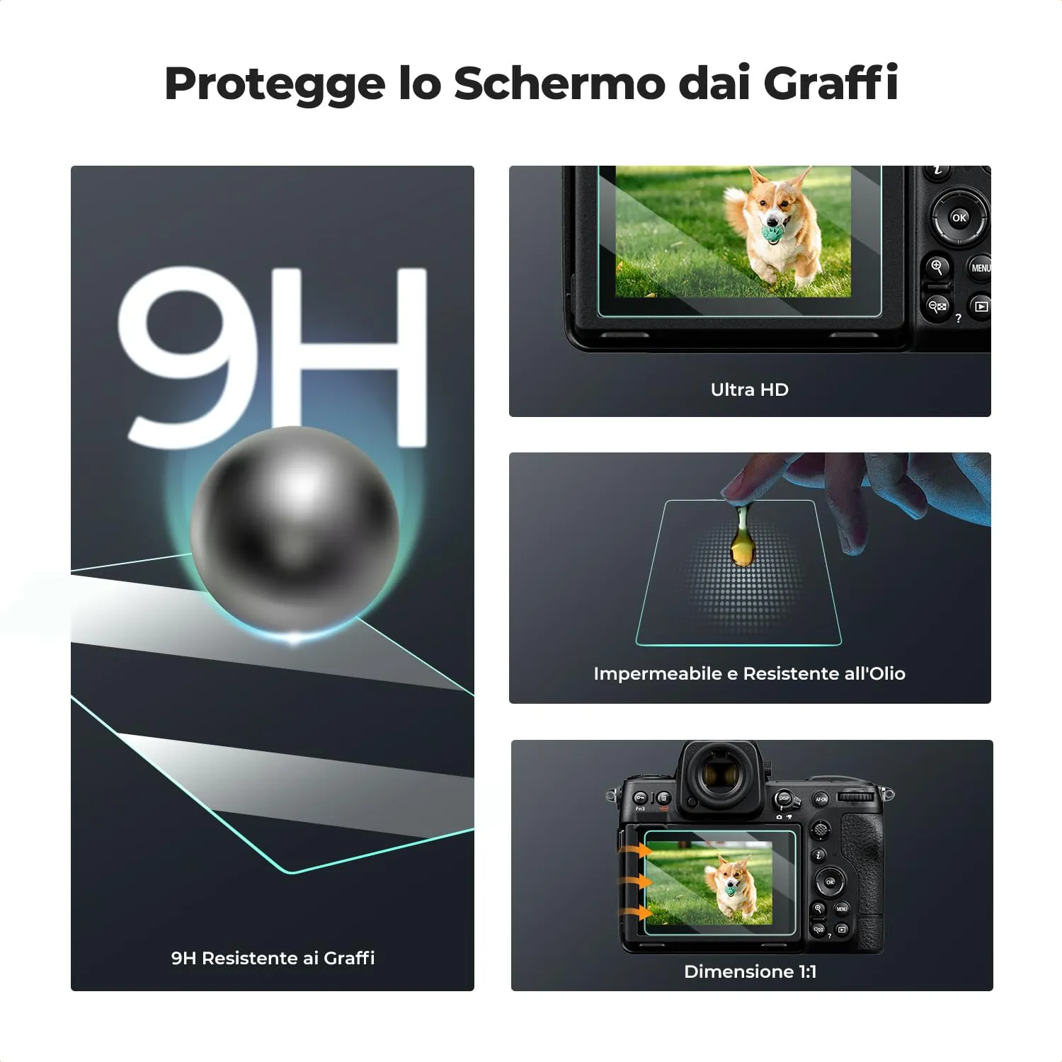 K&F Concept pellicole vetro Nikon Z9 Z8 3 pezzi 9H
