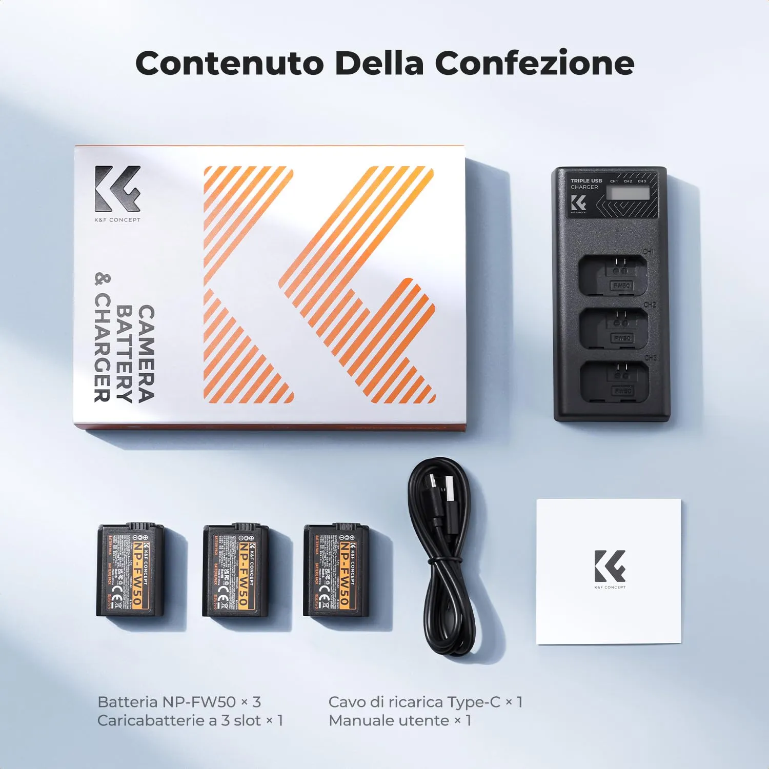 K&F Concept NP-FW50 batteria + caricabatterie 3 slot LCD