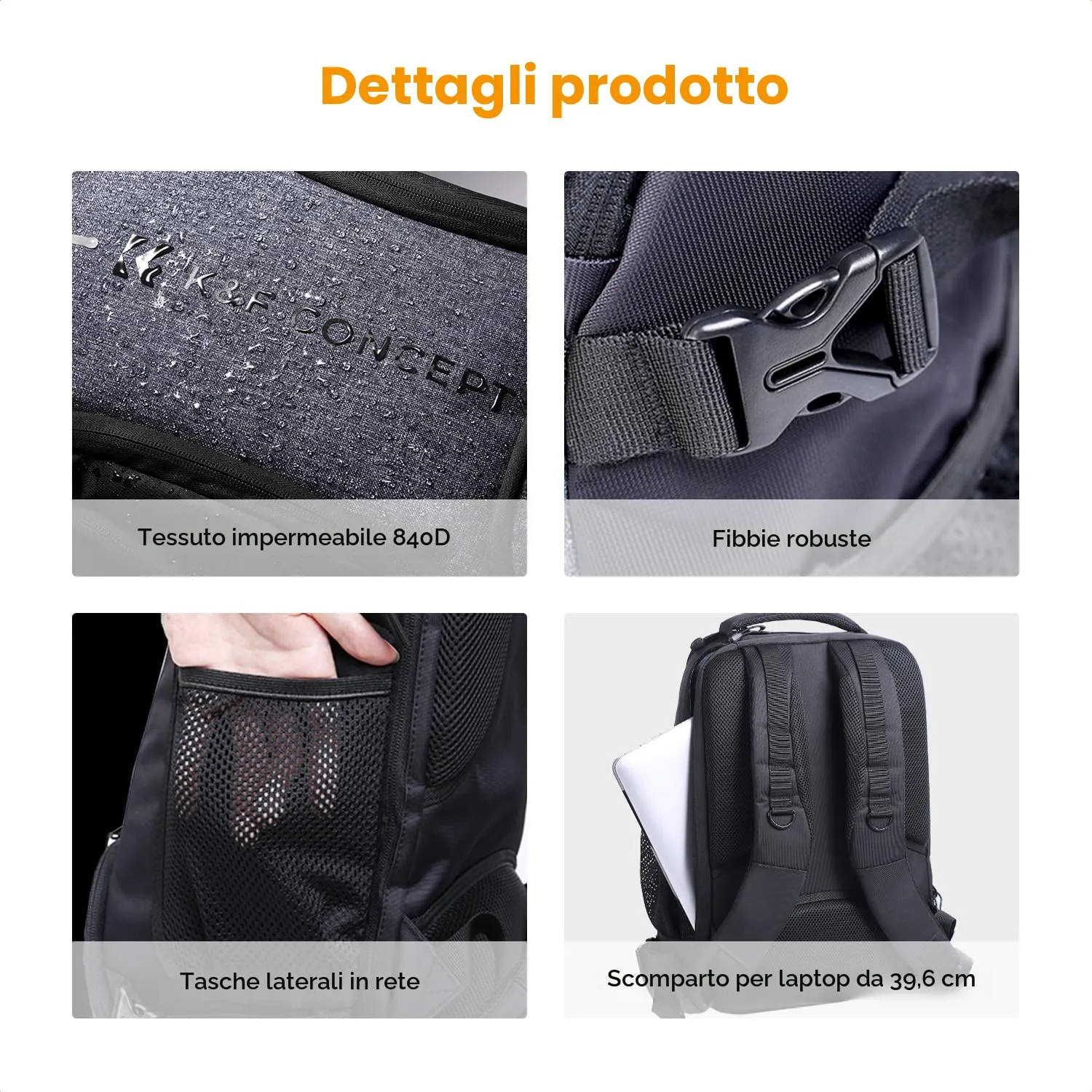 K&F Concept Zaino Foto 25L Impermeabile Nero Grigio