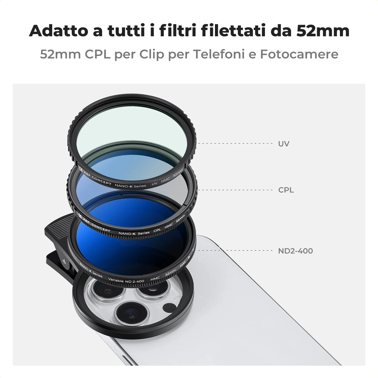 K&F Concept Filtro CPL 52mm Smartphone Clip-on