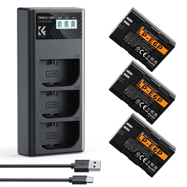 K&F Concept kit 3 batterie LP-E6P 2400mAh + caricabatterie Canon