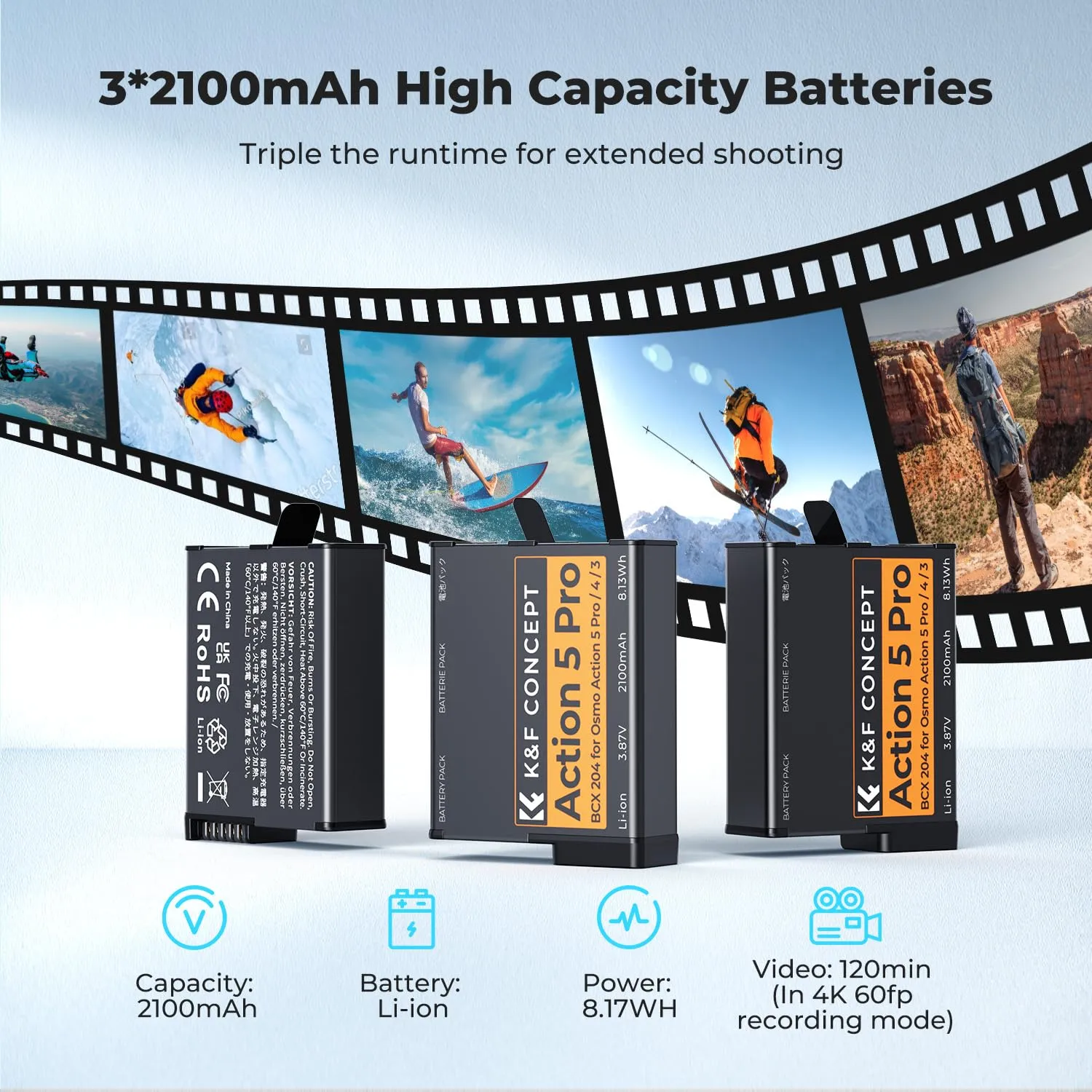K&F Concept Osmo Action Kit 3 Batterie 2100mAh + Box USB-C