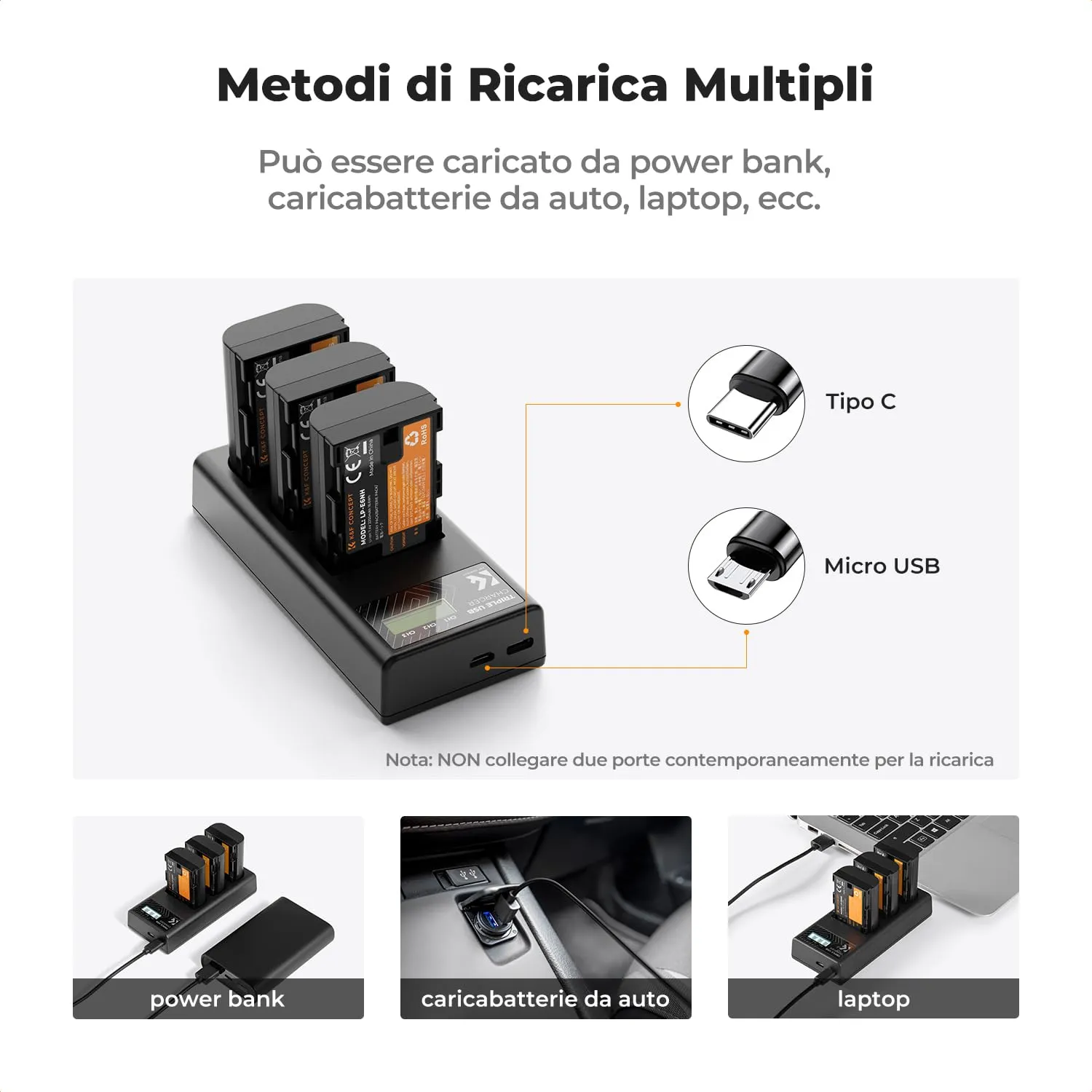 K&F Concept LP-E6NH kit 3 batterie + caricabatterie