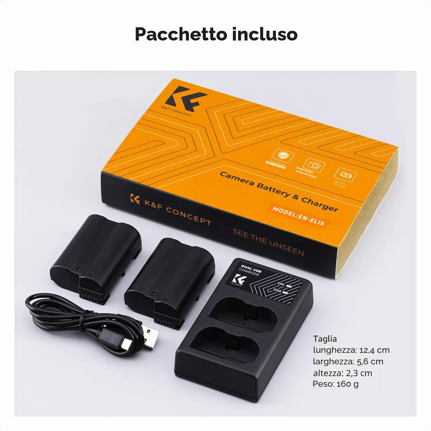 K&F Concept EN-EL15 kit 2 batterie 2100mAh caricatore USB