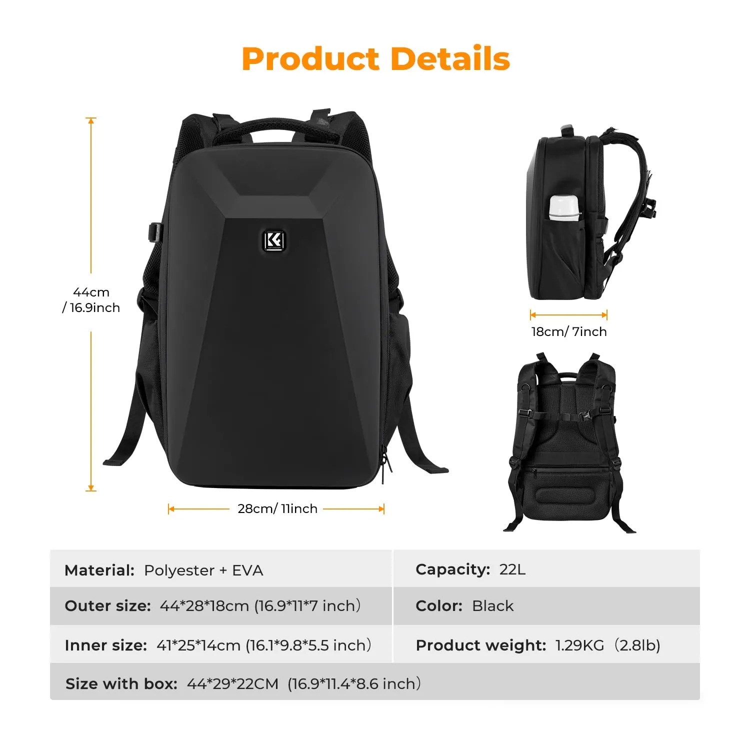 K&F Concept Zaino Foto Guscio Rigido 44cm Nero 15.6"