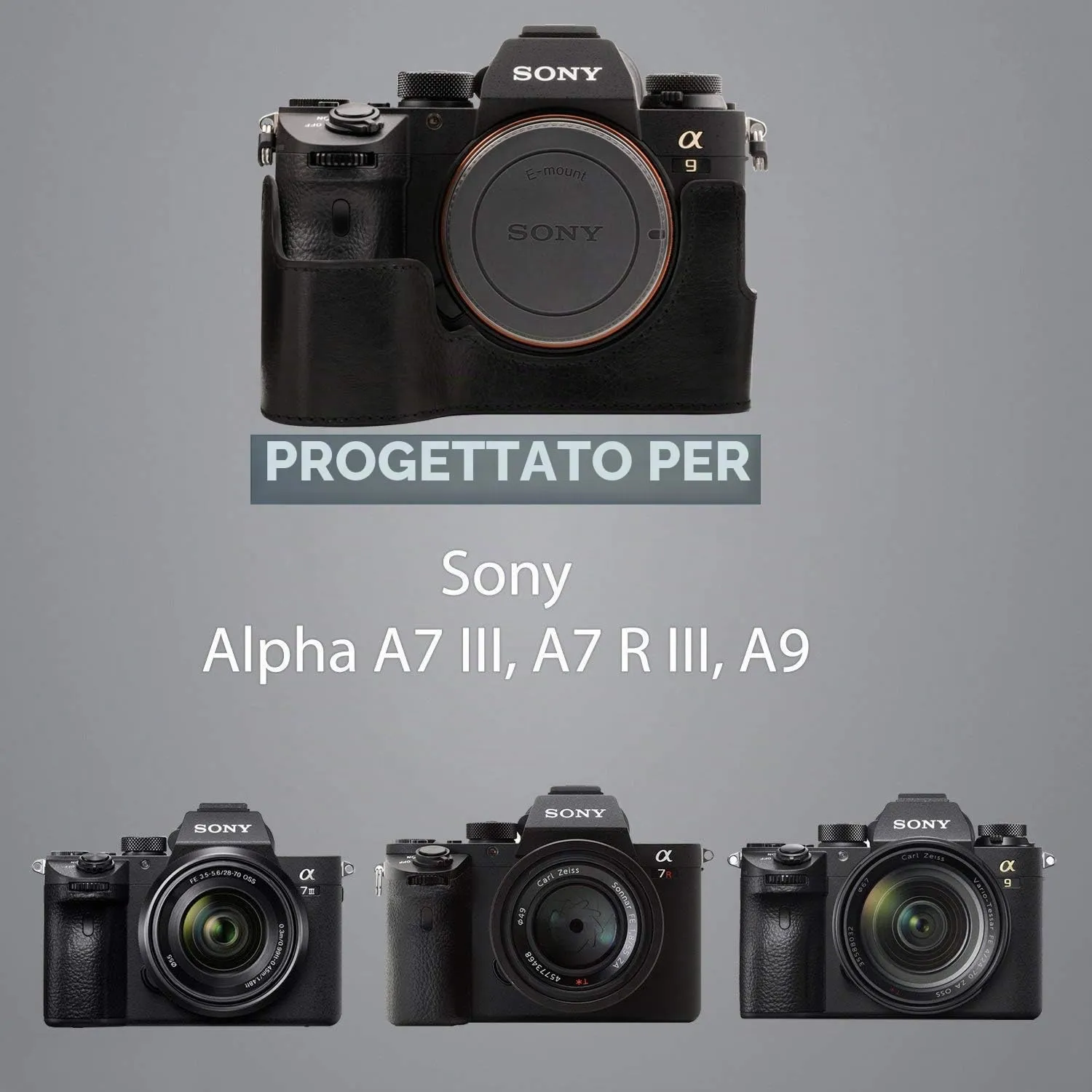 MegaGear 1243 Mezza Custodia Vera Pelle Nera Sony A7 III A9 A7R III