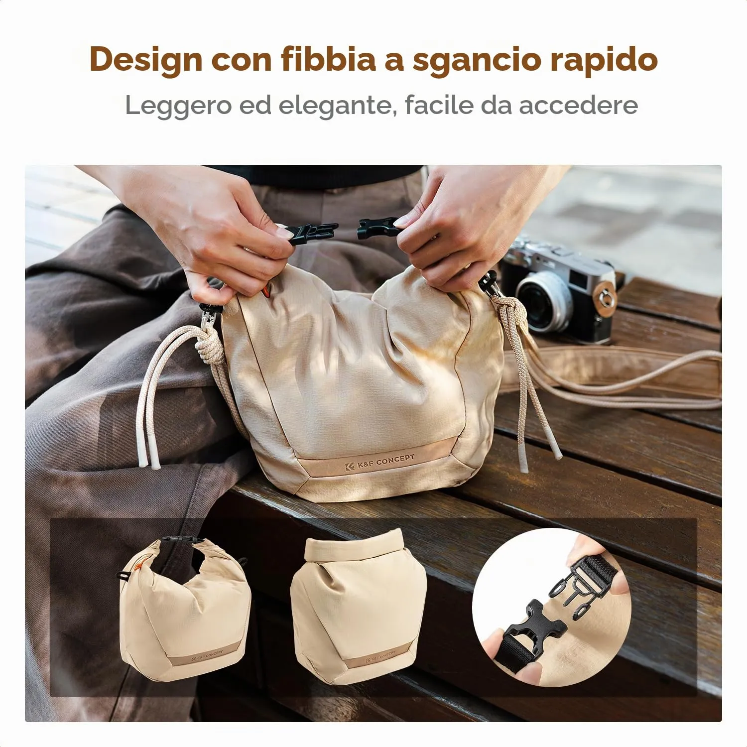 K&F Concept Borsa Foto Tracolla 2in1 Beige 32cm Pelle