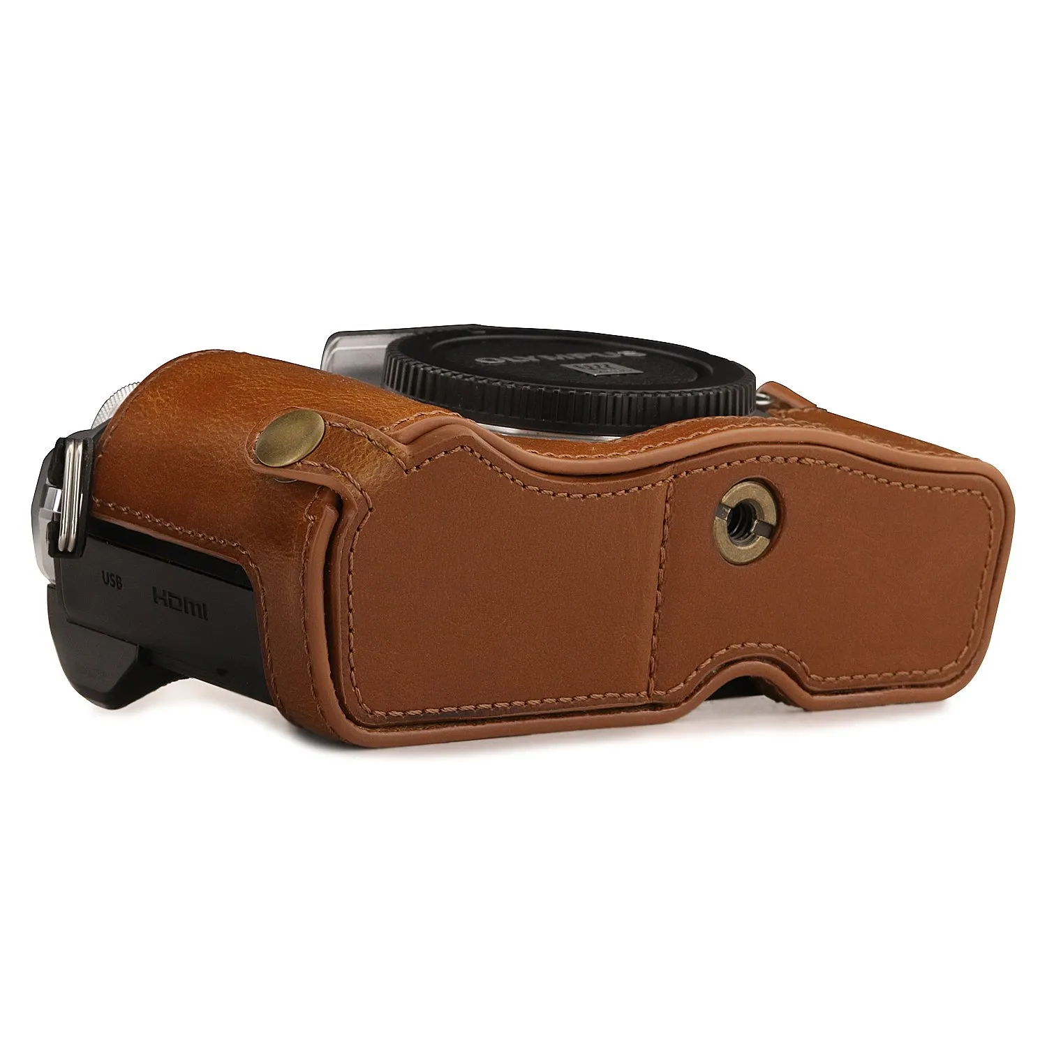 MegaGear Ever Ready mezza custodia pelle OM-D E-M10 Mark III marrone chiaro