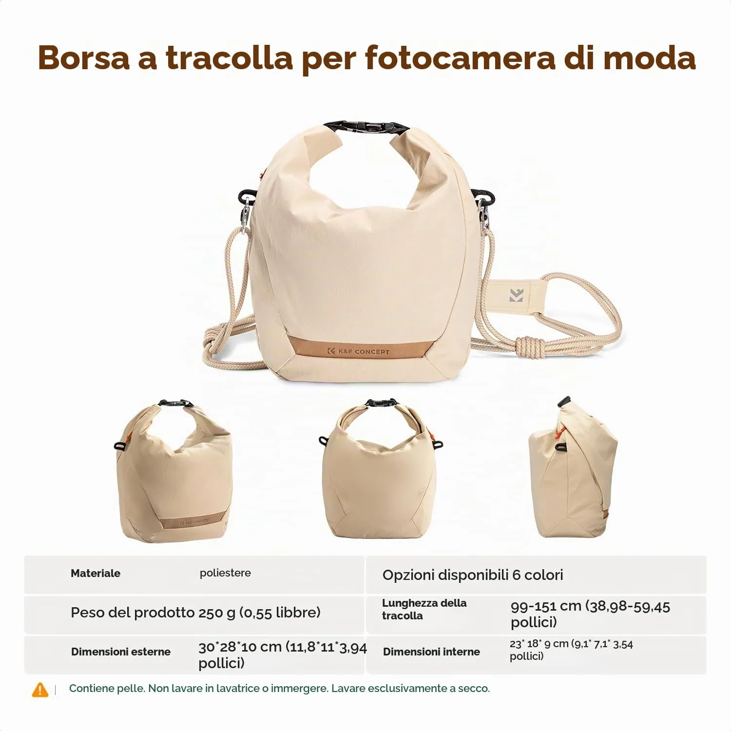 K&F Concept Borsa Foto Tracolla 2in1 Beige 32cm Pelle