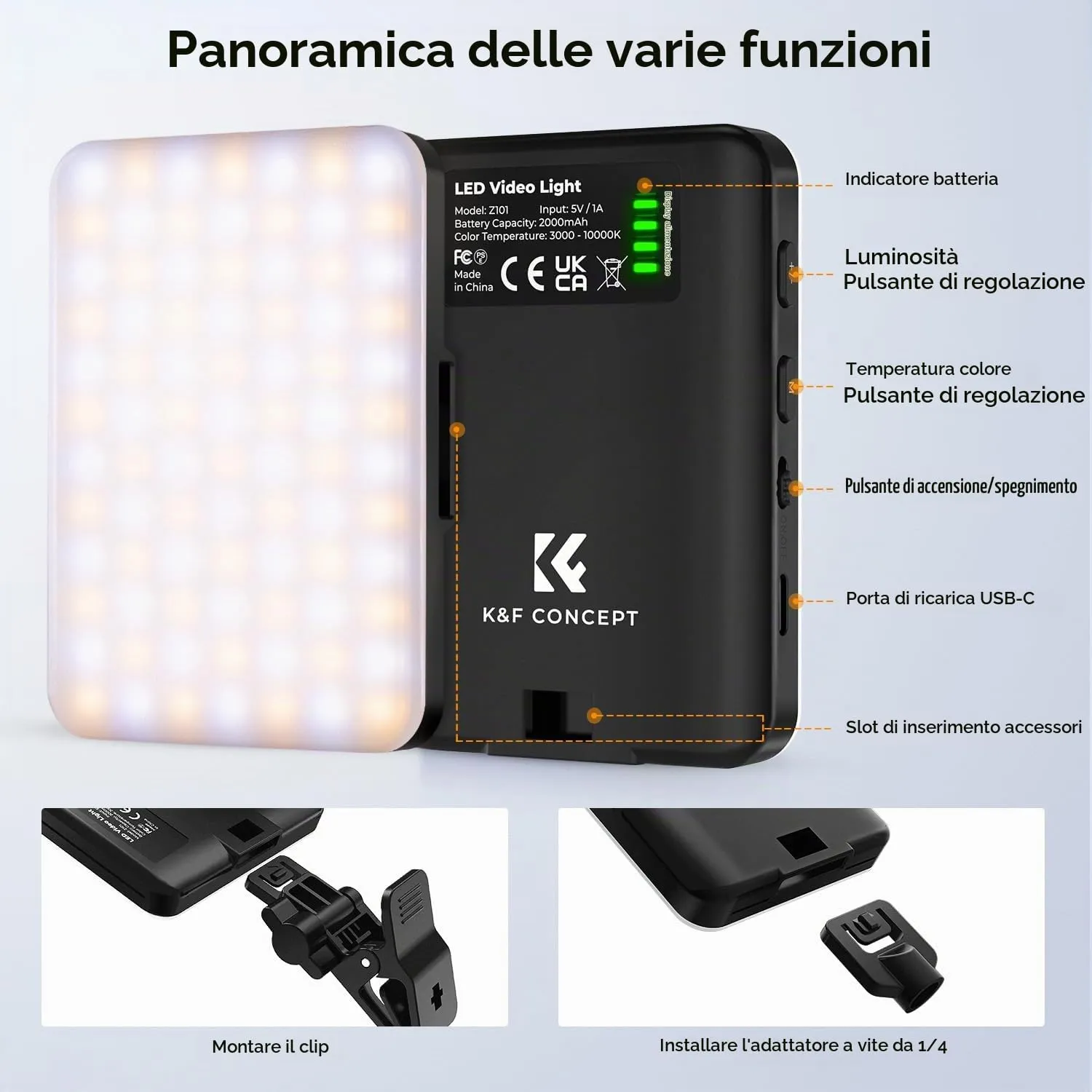 K&F Concept LED 84 luce video 3000K-10000K con clip