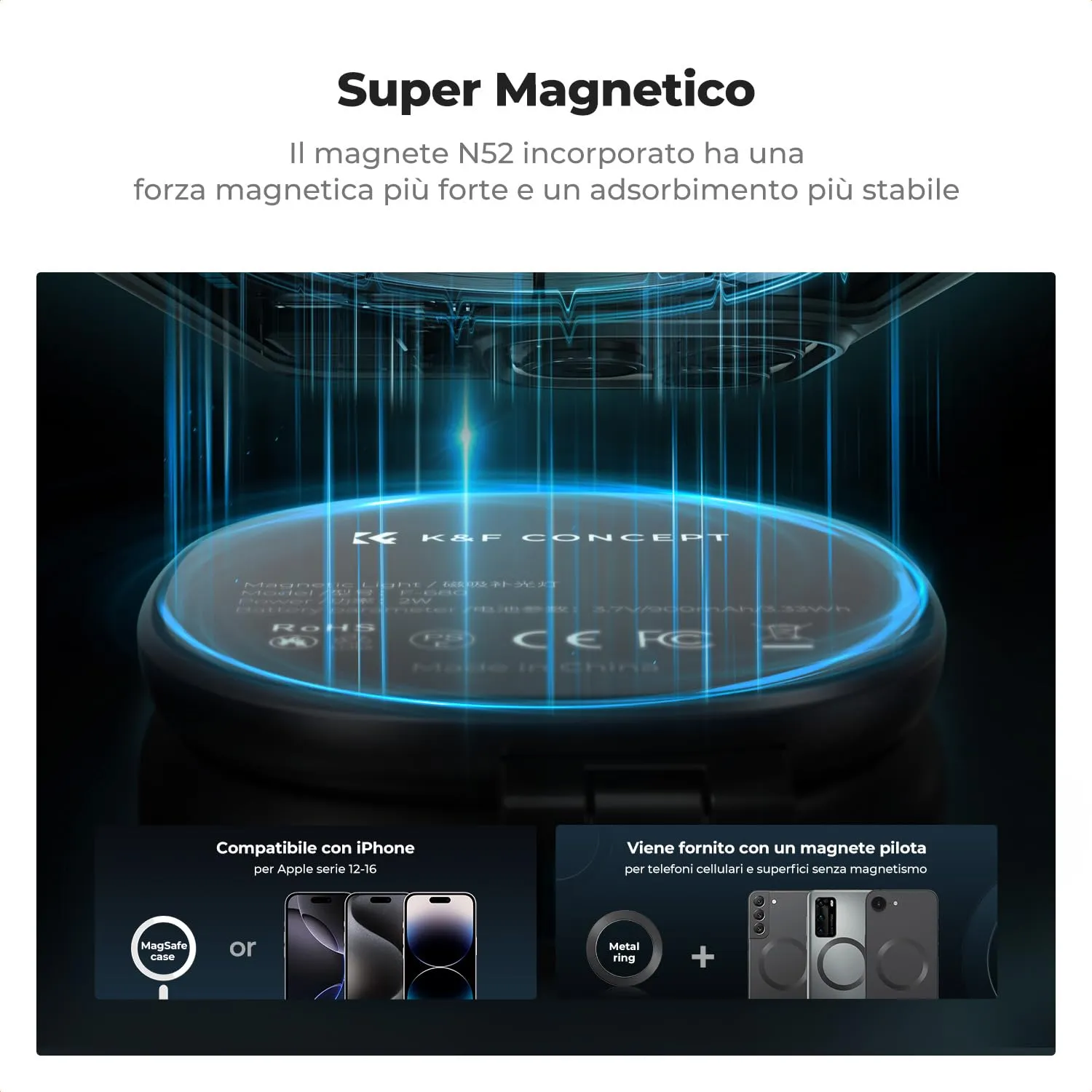 K&F Concept luce selfie magnetica con specchio nera 900 mAh