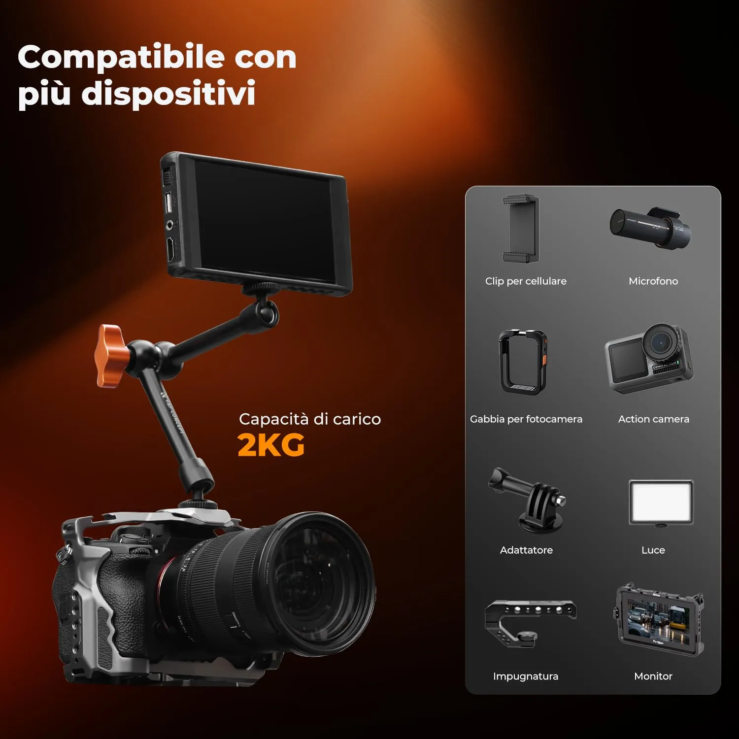 K&F Concept Braccio Magico 9.8" con Super Clamp 2kg