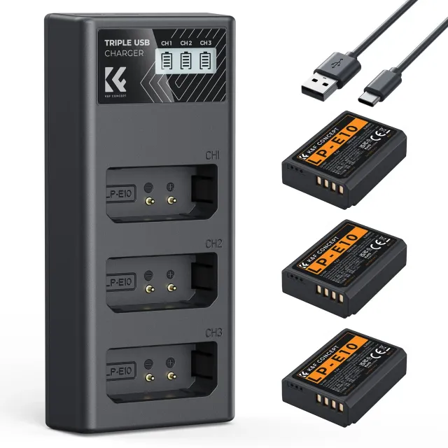 K&F Concept LP-E10 Batterie 1200mAh Kit 3+Caricatore LCD