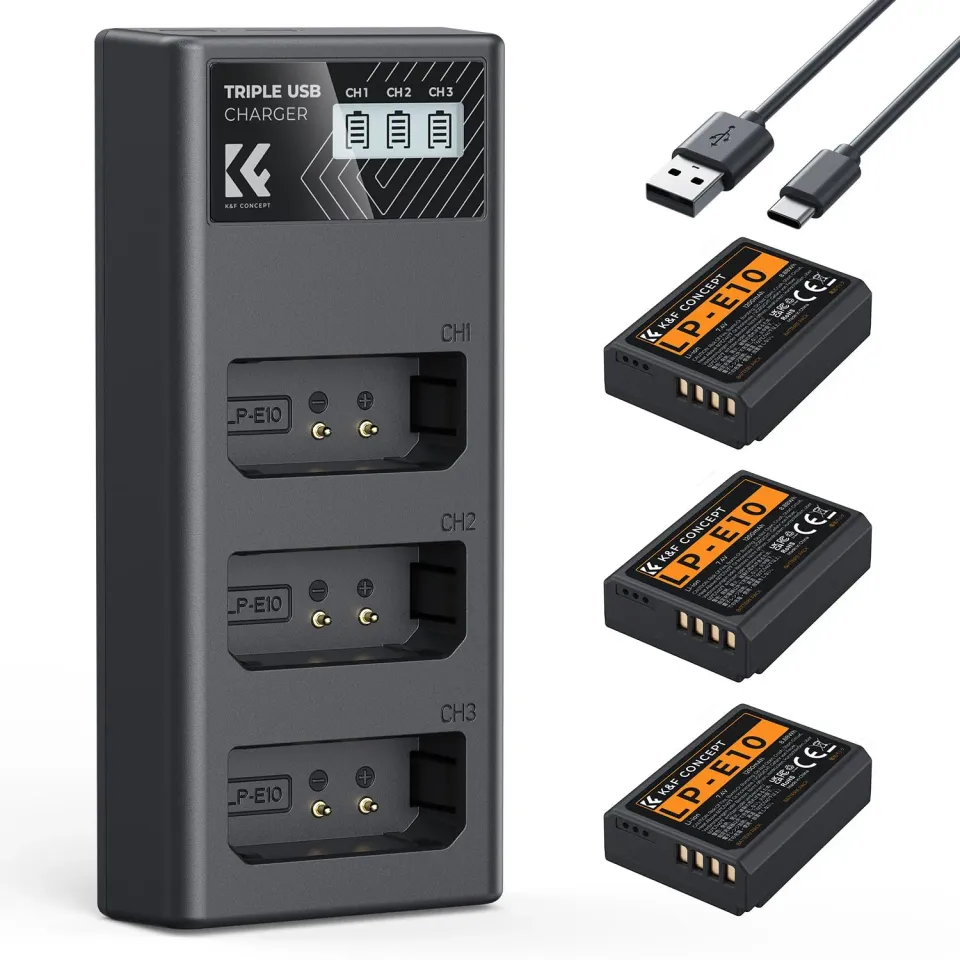 K&F Concept LP-E10 Batterie 1200mAh Kit 3+Caricatore LCD