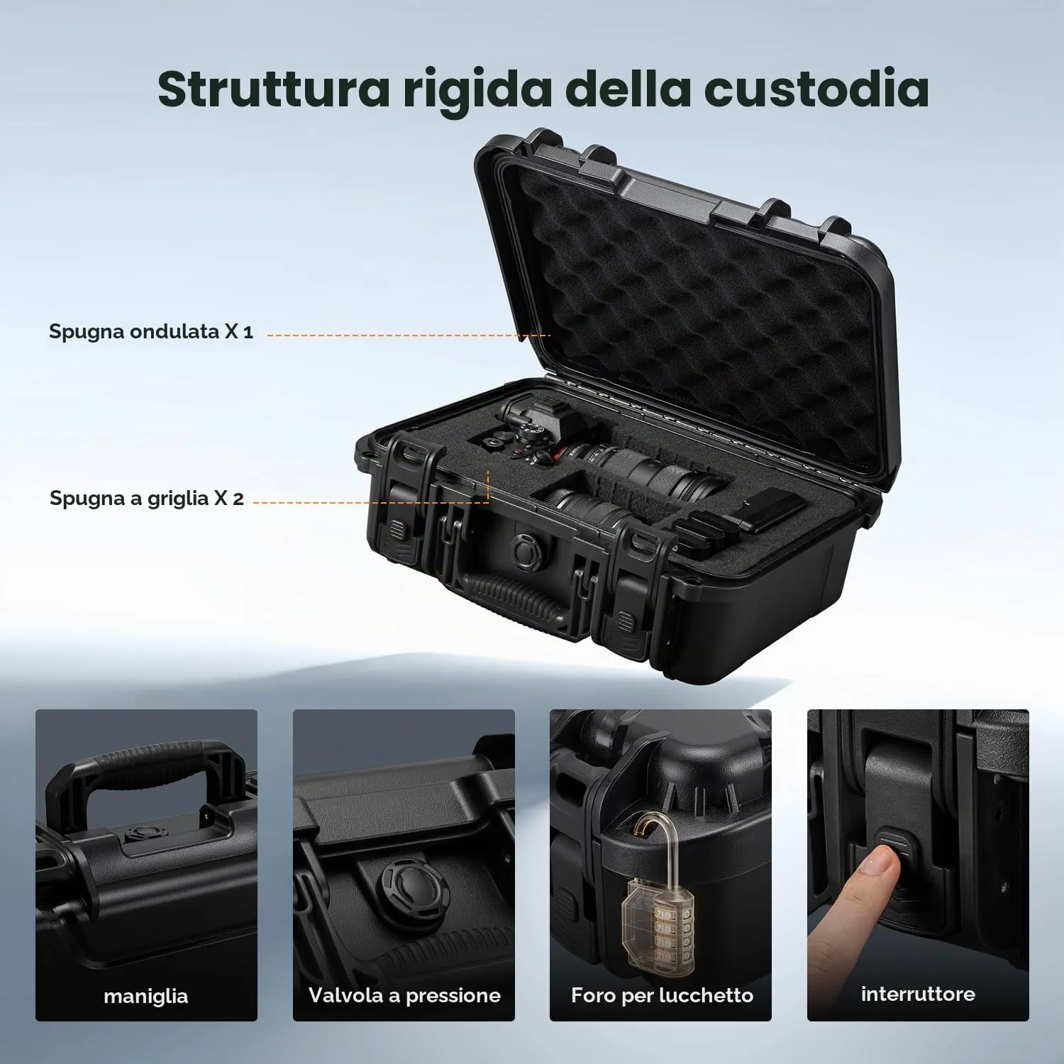 Concept valigia fotografica rigida IP67 34,5cm nera schiuma