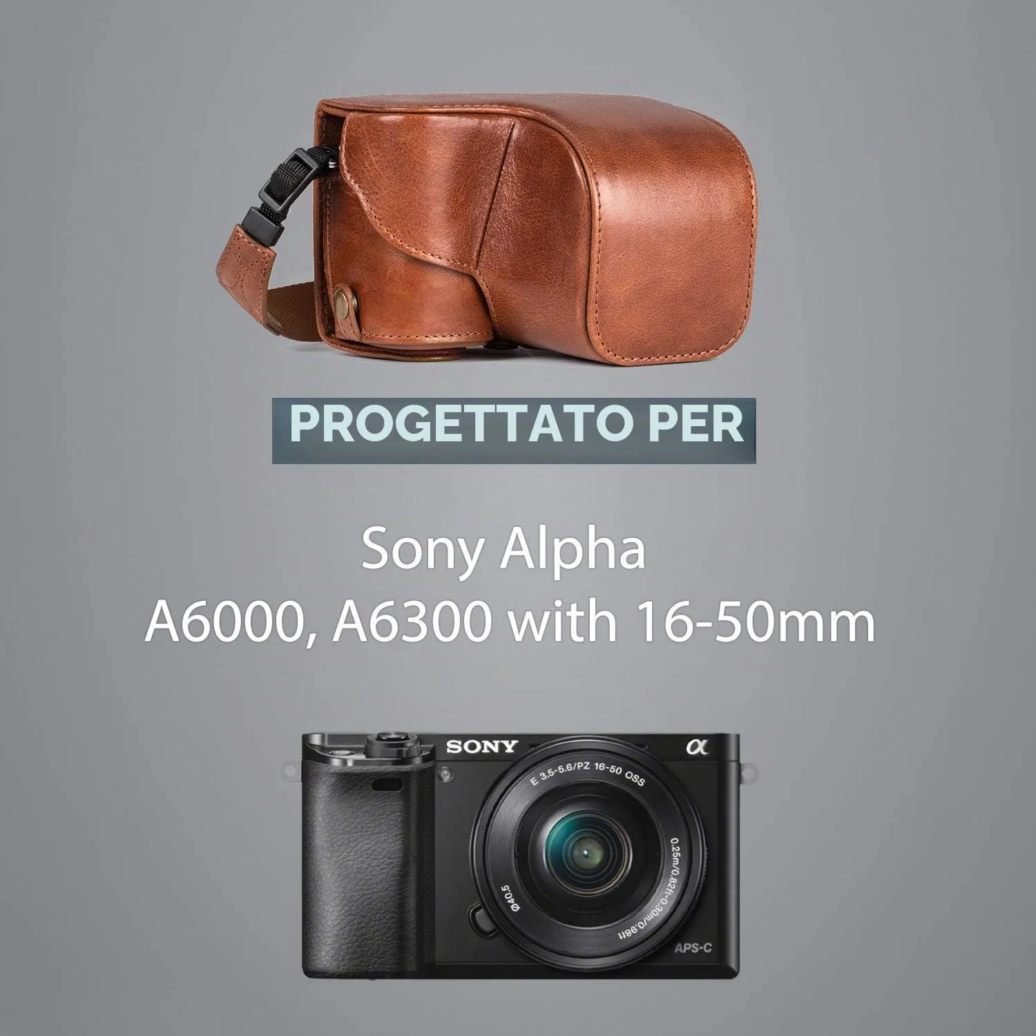 MegaGear Custodia Pelle Sony A6000 A6300 16-50mm Marrone Scuro