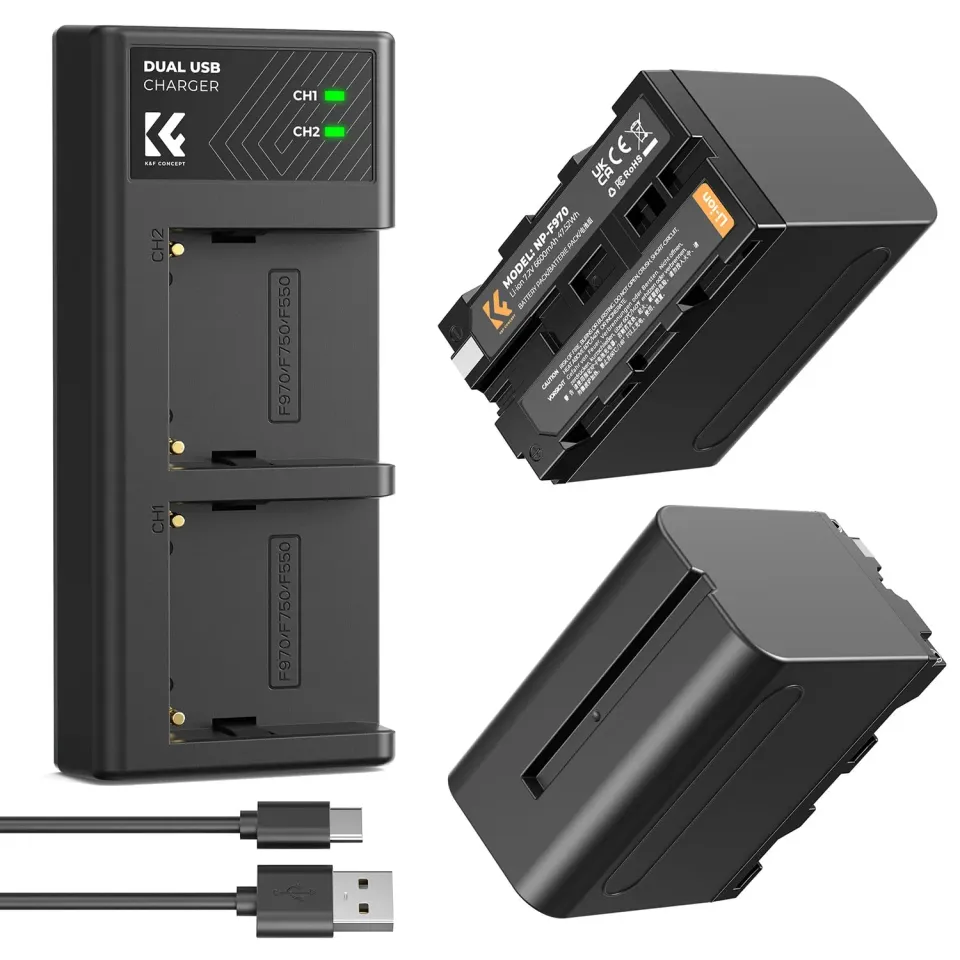 K&F Concept NP-F970 Batterie 6600mAh 2pz + Caricabatterie LED
