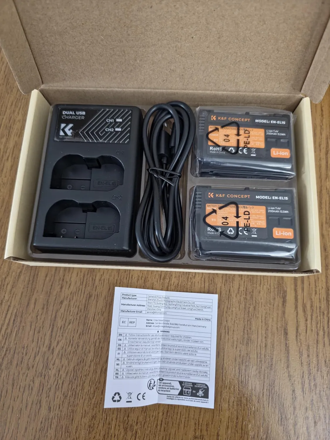 K&F Concept EN-EL15 kit 2 batterie 2100mAh caricatore USB