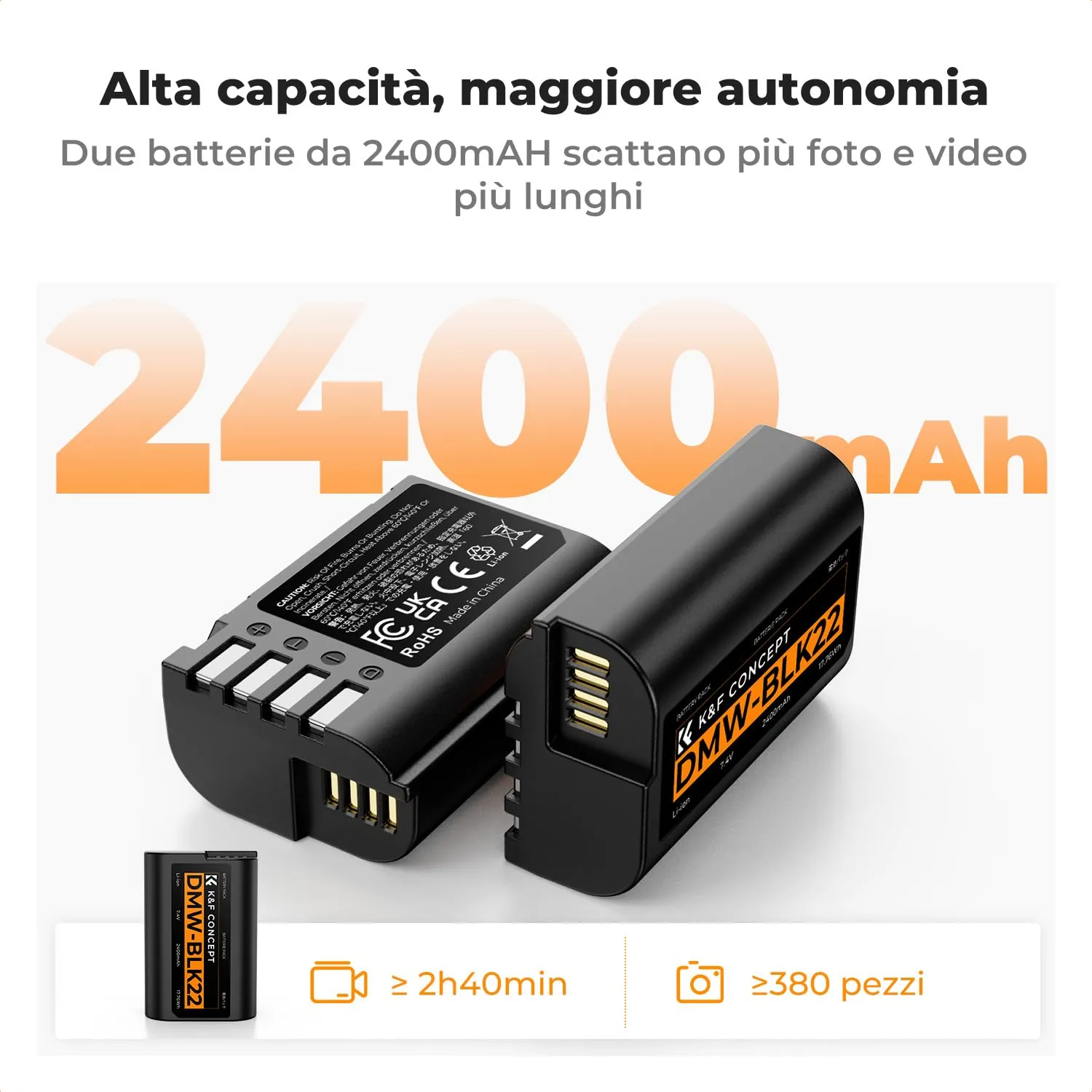 K&F Concept DMW-BLK22 batteria fotocamera 2x2400mAh kit caricatore
