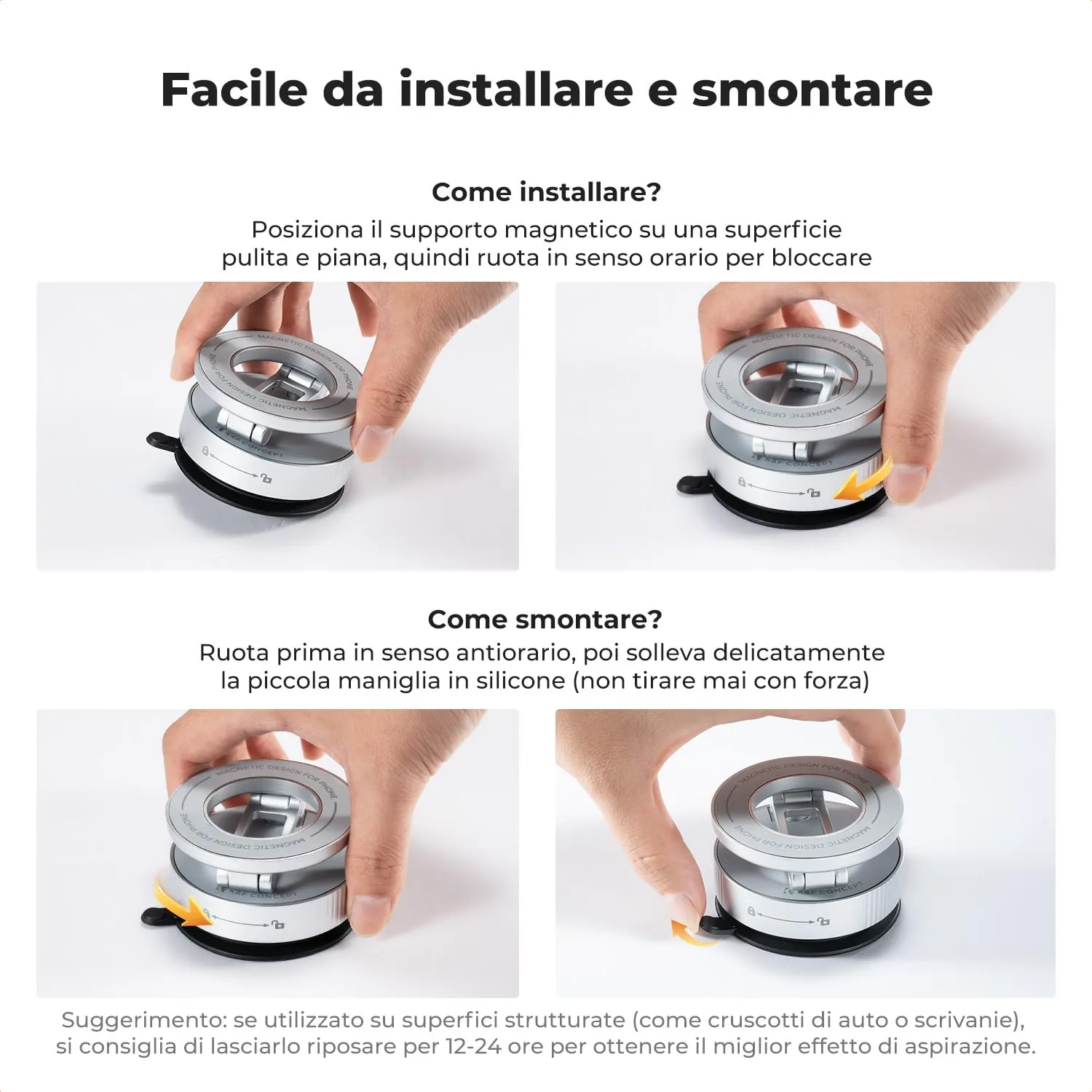 K&F Concept supporto telefono auto magnetico ventosa argento