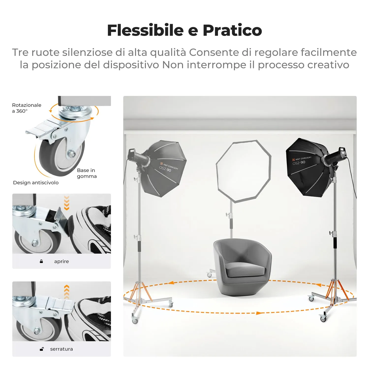 K&F Concept 330cm stativo luci acciaio con ruote 30kg