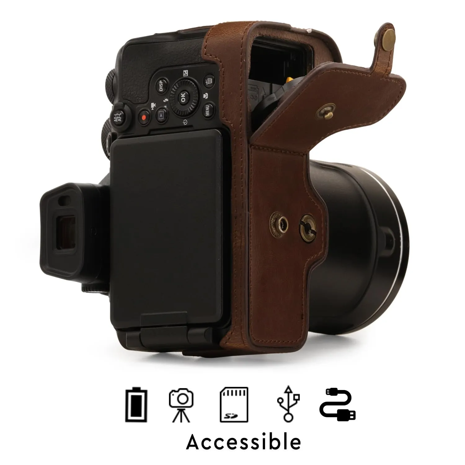 MegaGear Custodia Pelle Nikon Coolpix P950 Marrone Scuro ever ready