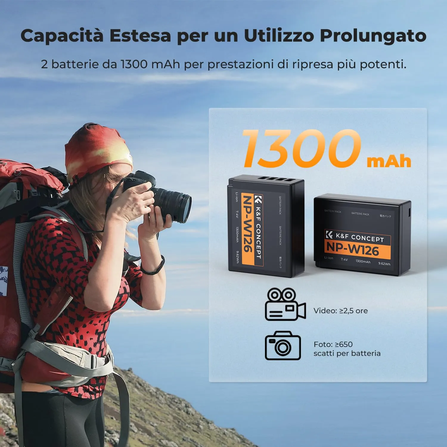 K&F Concept NP-W126 Kit 2 Batterie 1300mAh + Caricabatterie