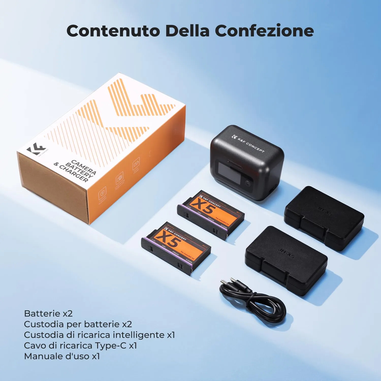 K&F Concept kit 2 batterie + caricabatterie Insta360 X5 2700mAh