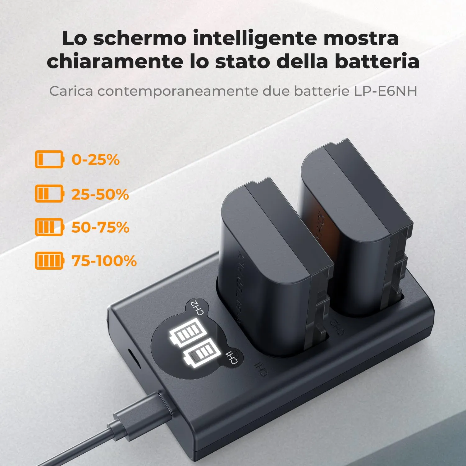 K&F Concept LP-E6NH Batteria 2600mAh + Caricatore LCD 2 Slot