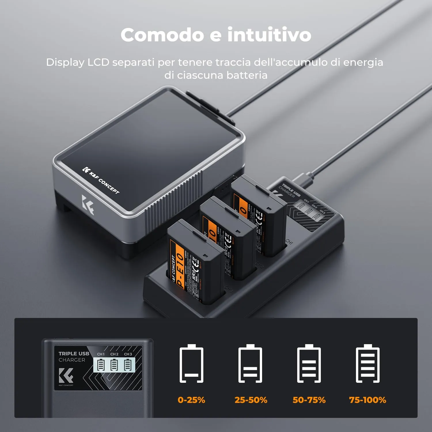 K&F Concept LP-E10 Batterie 1200mAh Kit 3+Caricatore LCD