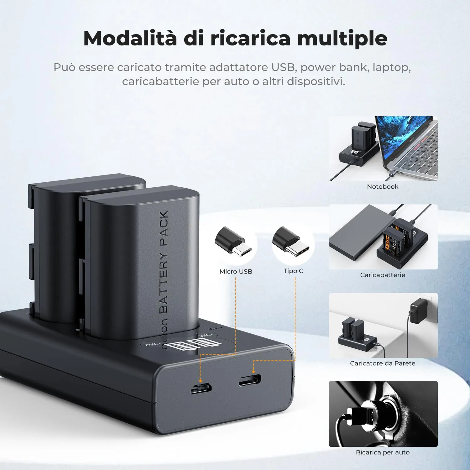 K&F Concept LP-E6NH Batteria 2600mAh + Caricatore LCD 2 Slot