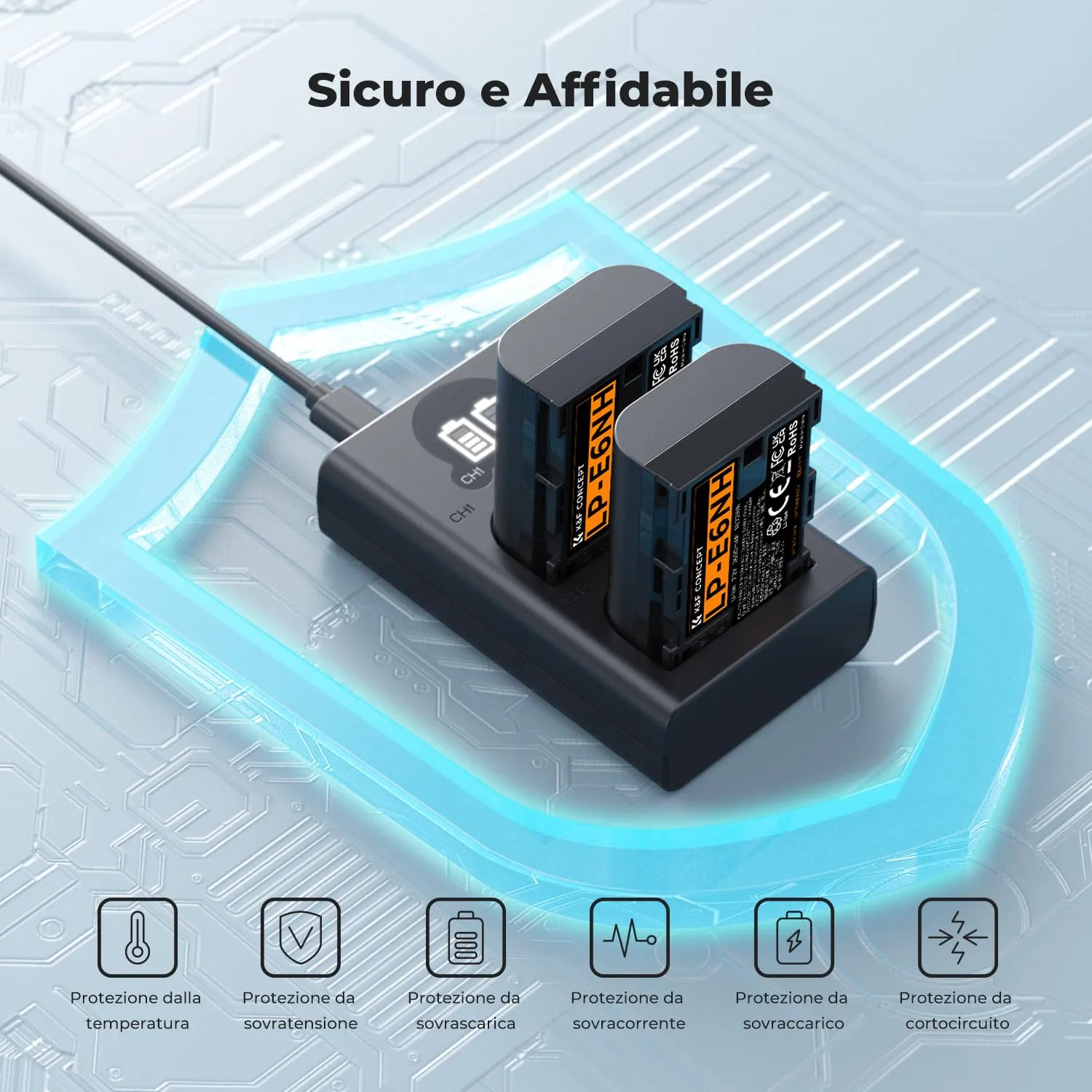 K&F Concept LP-E6NH Batteria 2600mAh + Caricatore LCD 2 Slot
