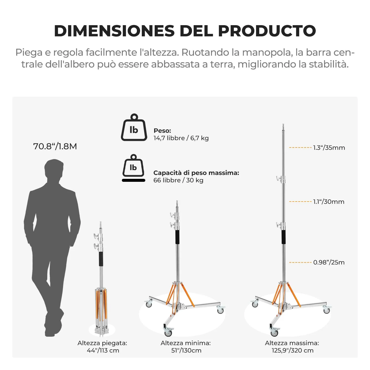K&F Concept 330cm stativo luci acciaio con ruote 30kg